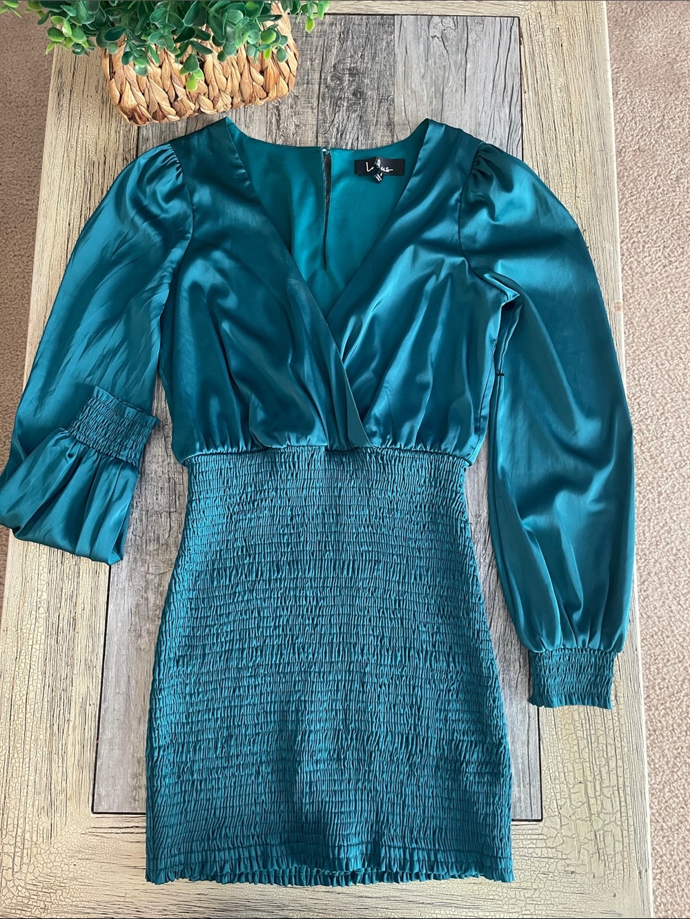 Lulu's Teal Satin Smocked-Waist Long Sleeve Dress